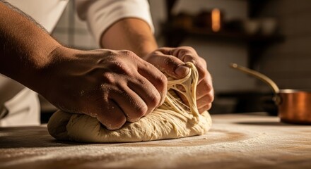 The Art of Artisan Bread: Baker's Hands Kneading Dough on a Floured Surface in Studio