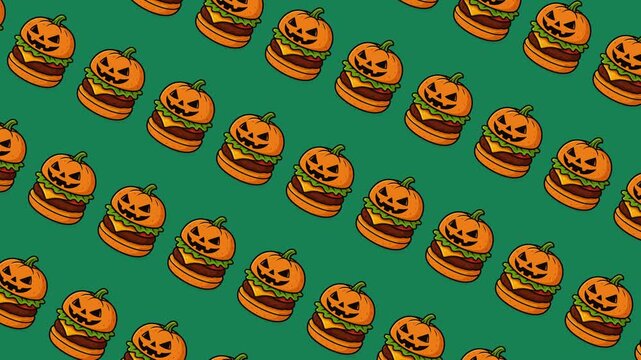  Looping animation of spooky ghost burgers moving sideways on a white background. Playful and festive design perfect for Halloween, food concepts, party themes, and animated patterns