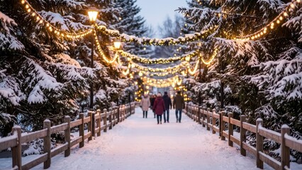 Snowy Winter Pathway with Twinkling Holiday Lights and People Walking Amidst Snow-Covered Trees