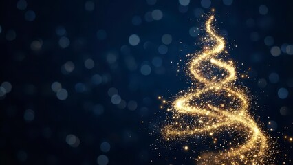 Beautiful Glowing Christmas Tree Shaped Light Swirl Against a Dark Blue Background with Twinkling Bokeh Effects