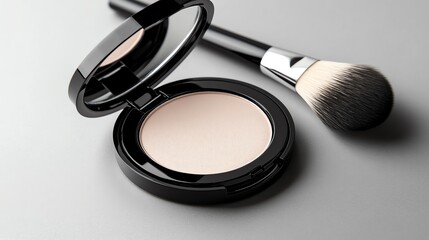 Cosmetic powder and brush for makeup application.