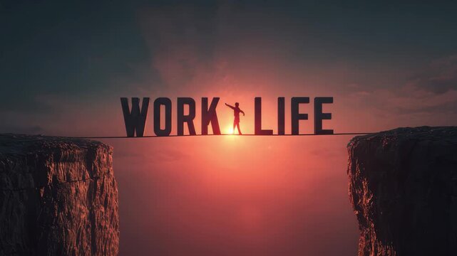 Silhouette of person balancing on tightrope between cliffs forming the words work life at sunset, 4k video