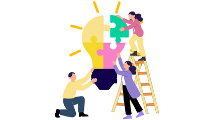 A diverse group collaborates to complete a giant lightbulb puzzle, illustrating teamwork, creativity, and shared problem solving as colorful pieces come together to spark new ideas and innovation