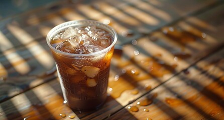 Iced Coffee Delight: Refreshing ice cubes cascade in a transparent cup of coffee, sitting on a wooden table, with streaks of sunlight creating patterns. 