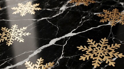 Luxury 3d render of black marble surface with natural white veining elegant polished reflective texture, adorned with intricate golden snowflake engravings in metallic foil.