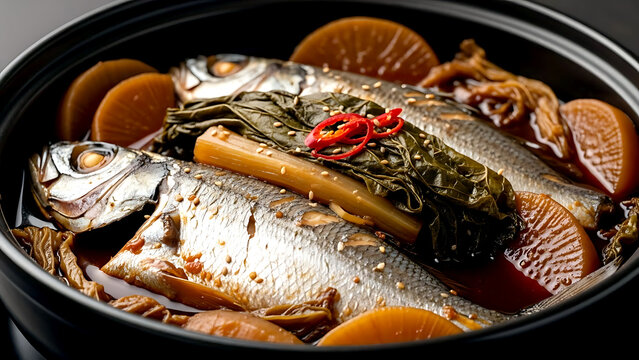Korean galchi jorim braised hairtail fish with radish and cabbage, showing the silvery skin of the fish in a deep, glossy soy-based sauce with cabbage leaves