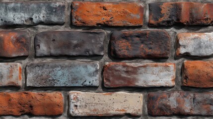 An aged brick wall displays two rows of weathered bricks with varied hues of brown, red, grey, and beige,
