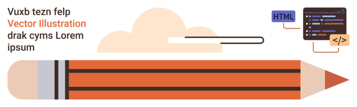 Creativity, digital design, education, programming, writing, technology. Large orange pencil with clouds and coding interface nearby. Creativity and digital design concept