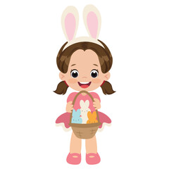 Cute little Easter bunny girl holding basket  vector cartoon illustration