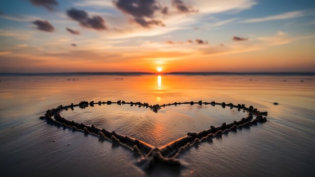 Romantic heart shaped driftwood on serene beach at sunset - Powered by Adobe
