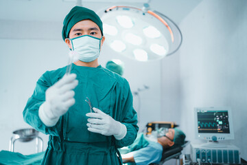 Portrait confidence doctor wear glove,medical mask stand arm cross hold sterile surgical instrument...