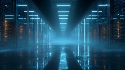 Futuristic Data Center Corridor with Glowing Blue Lights and Reflections.