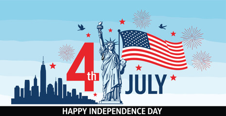 Naklejka premium 4th July celebration with Statue of Liberty, fireworks, American flag, city skyline, patriotic theme, Independence Day USA vector illustration
