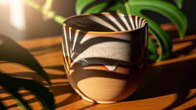 Ceramic Cup with Zebra Stripes and Plant Shadows on Wooden Table.