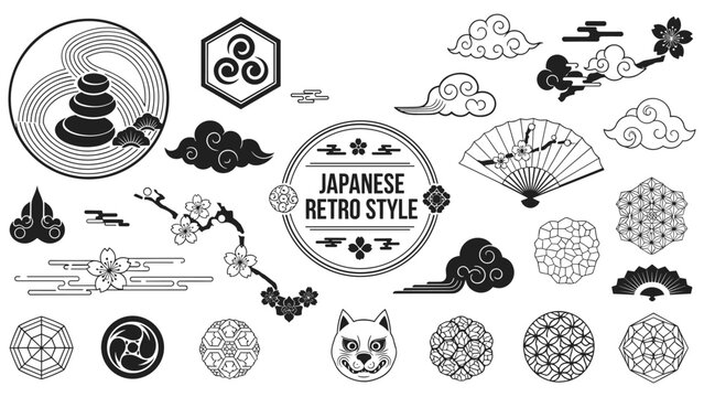 Japanese retro design, traditional motif, fox mask, cherry blossom, fan, cloud, black white line art, cultural icon -flat vector illustration