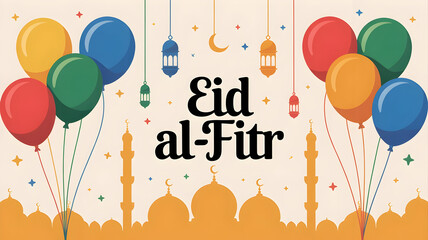 Eid al fitr celebration with colorful balloons and mosque silhouette