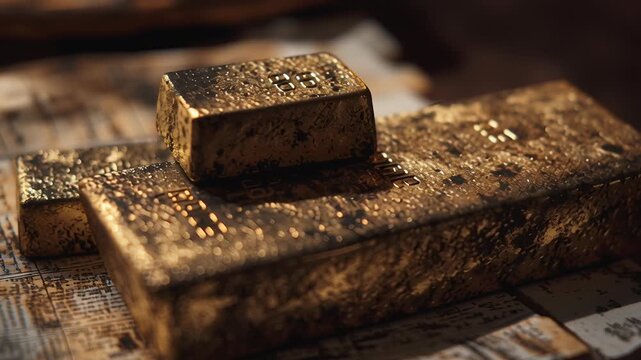 Three gold bars are on top of a newspaper. The newspaper. Solid gold asset imagery, close-up perspective showing gold density and weight, high-end financial publication style, tangible asset gold