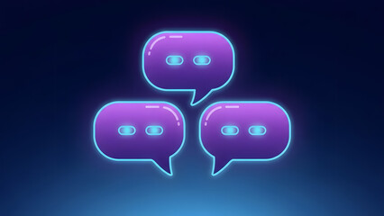 Neon purple chat bubbles with glowing blue eyes on dark background