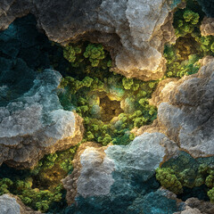 Vast mossy surface gemstones merged create luminous fractal fabric texture unique property novel.