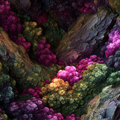 Vast mossy surface gemstones merged create luminous fractal fabric texture unique property novel.