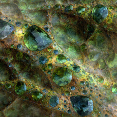 Vast mossy surface gemstones merged create luminous fractal fabric texture unique property novel.