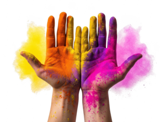 Colorful hands with vibrant powder paint isolated on transparent background