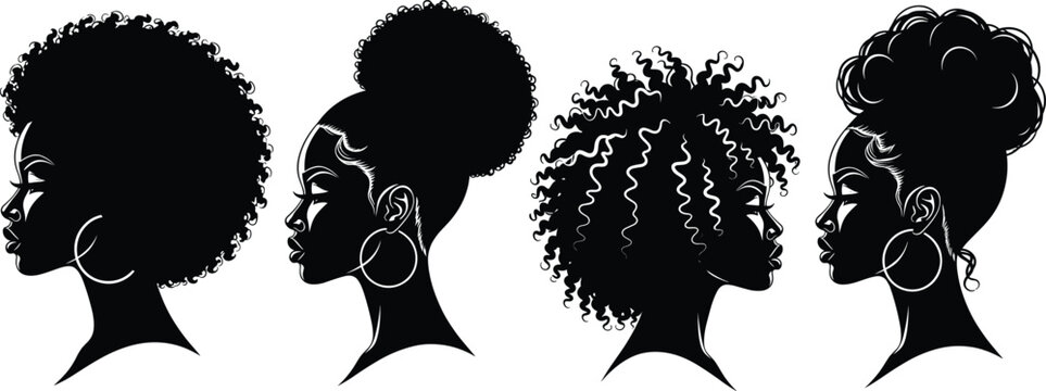 Black woman silhouette vector illustration with natural hairstyles, afro puff bun curls and hoop earrings for cultural beauty design