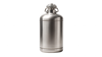 Stainless steel cryogenic storage container with secure locking mechanism and durable design for safe transportation on transparent background. on transparent background