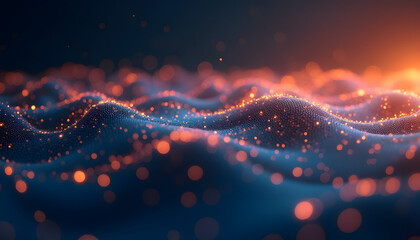 Digital Wave Form with Orange and Blue Glowing Particles
