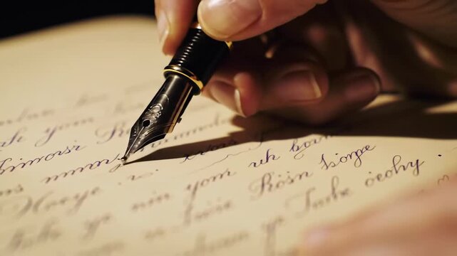 A close-up of a hand holding a fountain pen, poised to write on a piece of paper with cursive writing