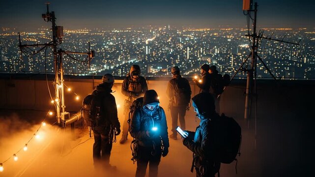 Rooftop gathering at night: a group of urban explorers with city skyline background, illuminated