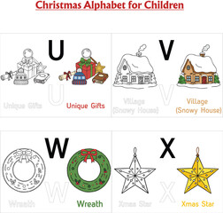 Beautiful Christmas alphabet colouring icons for childrens with white background