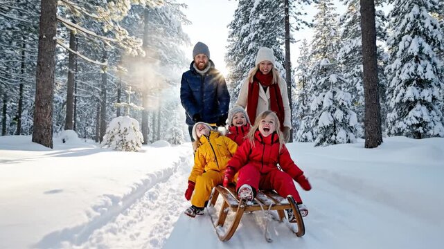 Parents pulling kids on wooden sled through snowy woods. Cheerful family enjoying outdoor winter activity together. Perfect for travel, holiday and lifestyle concepts.