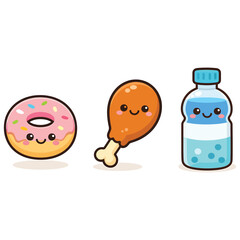 Cute Kawaii Food Set with Donut, Chicken and Water Bottle Vector