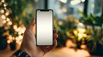 Hand holding a smartphone with a blank screen, showcasing modern technology and design.