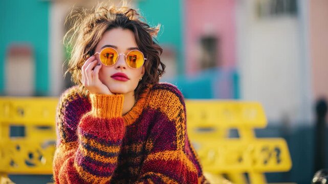 Young woman with curly hair wearing orange round sunglasses and a colorful striped knit sweater, resting her chin on her hand, 4k video