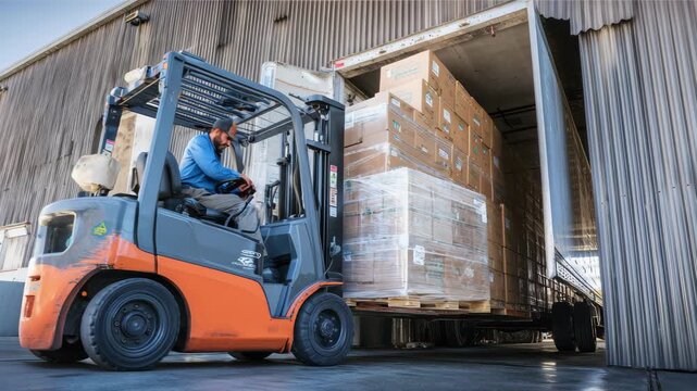 Forklift operator loading stacked boxes on pallets into a semitrailer at a warehouse loading dock, 4k video