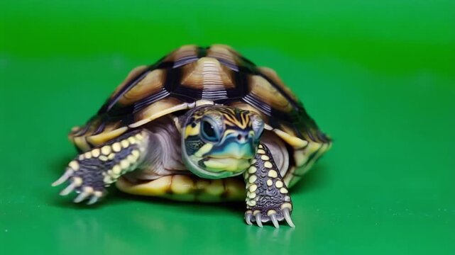 Adorable baby turtle on green background looking forward slowly