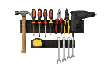 Hand tools collection hanging on pegboard for diy construction