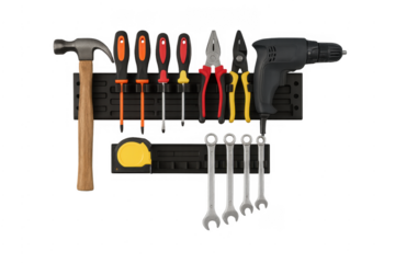 Hand tools collection hanging on pegboard for diy construction