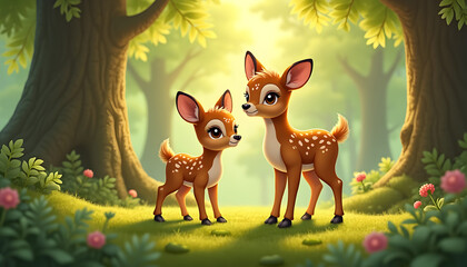 Two Cartoon Fawns in a Sunlit Forest Clearing