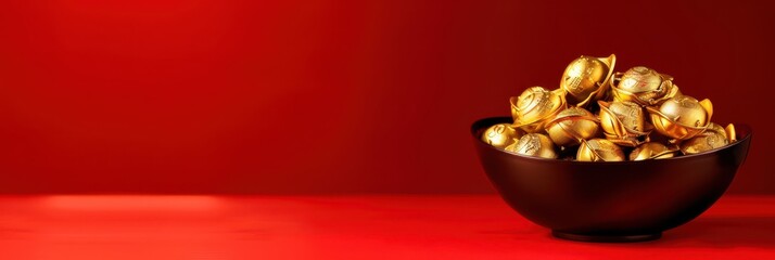 Festive chinese lunar new year gold ingots on red background for celebration and decoration. Horizontal banner. Copy space. Spring Festival. Free space for text