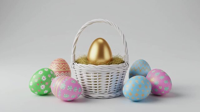 Easter eggs with one golden egg in easter basket on white background.