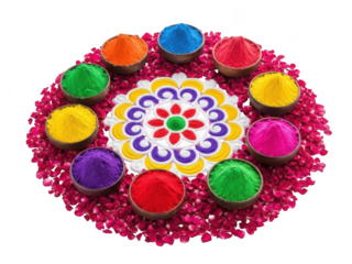 Colorful holi powders and rangoli design isolated on transparent background