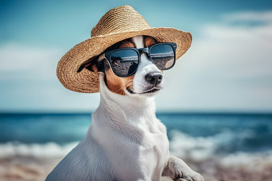 Cool Jack Russell Terrier dog wearing sunglasses and a hat.