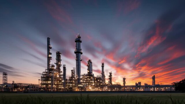 Illuminated oil refinery industrial complex silhouetted against a dramatic sunset sky with vibrant orange and pink clouds, 4k video