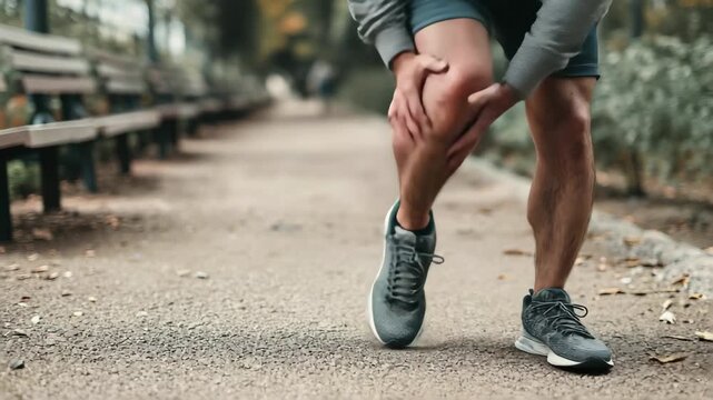 Runner experiencing knee pain while exercising outdoors on a park path, 4k video