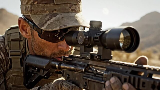 Focused sniper aims rifle through scope in a desert environment preparing for an operation