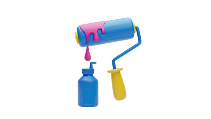 3D Render of a Blue Paint Roller with Pink Paint Dripping and a Blue Bottle