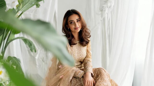 Beautiful south asian woman in traditional gold embroidered outfit with soft lighting and greenery, 4k video